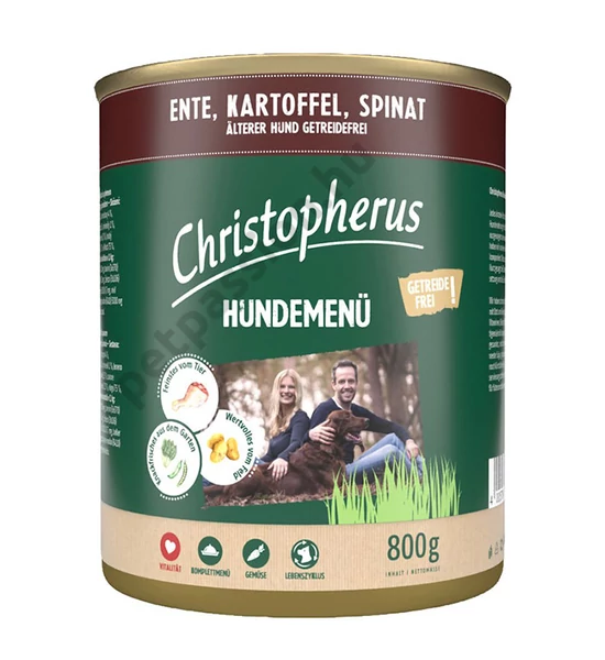 Christopherus Dog konzerv menü Senior, Kacsa, burgonya, spenót 800g