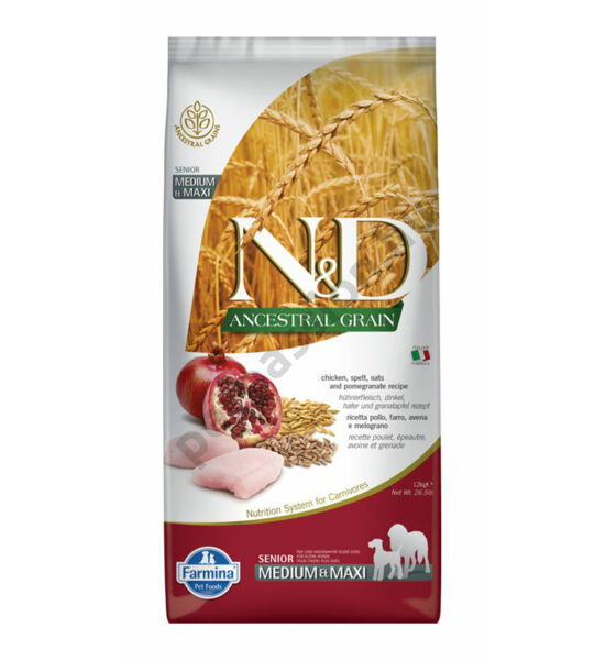 N and D Low Grain Csirke és Gránátalma Senior Medium/Maxi 12 kg
