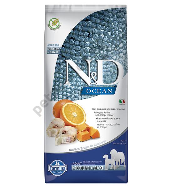 N&amp;D Dog Ocean Tőkehal, Sütőtök és Narancs Adult Medium Maxi 12 kg